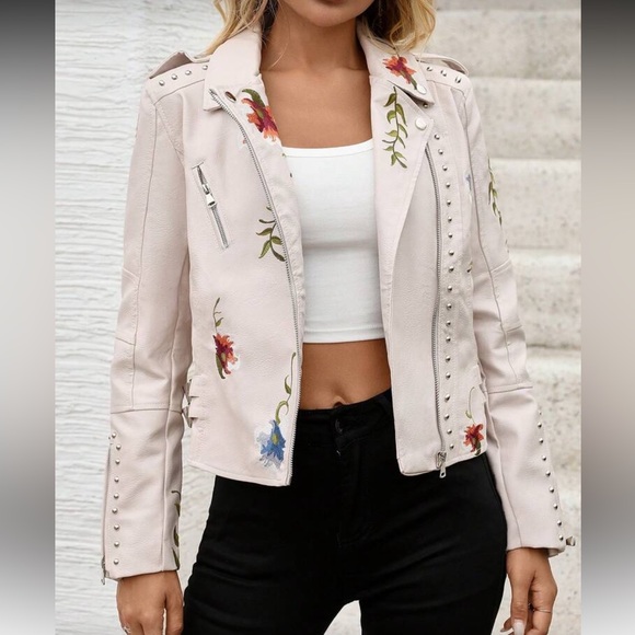 Floral Studded Moto Jacket Beige Faux Leather Embroidered Biker Style Jacket - Picture 4 of 9